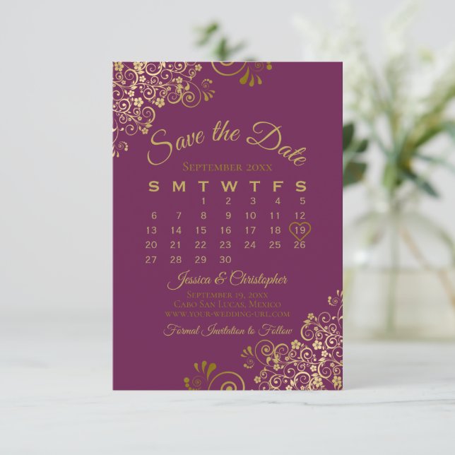 Reserve A Data Calendário de Casamento Elegante Roxo-Dourado Mage (Em pé/Frente)