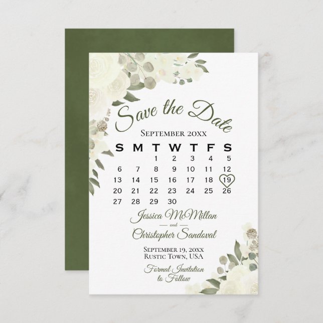 Reserve A Data Calendário de Casamento Floral da Ivory White Wate (Frente/Verso)