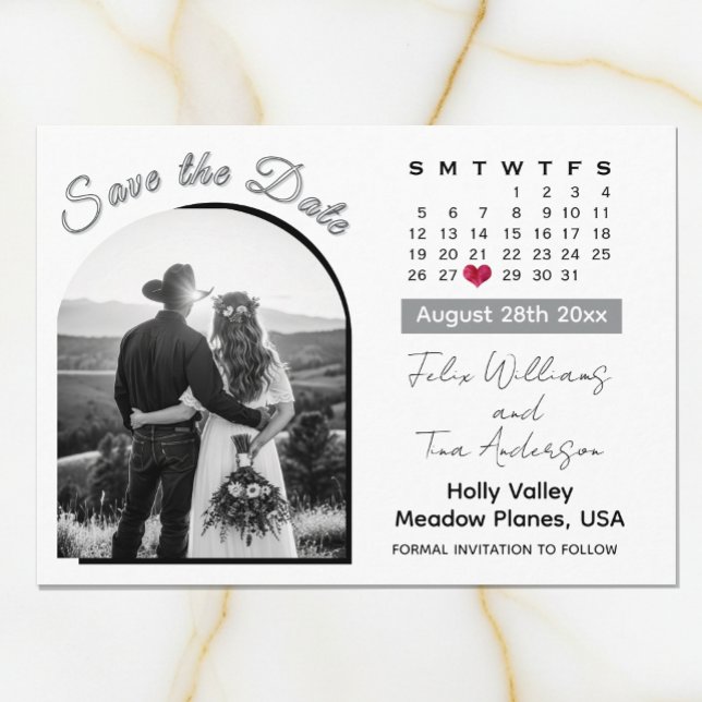 Reserve A Data Calendário de Casamento Preto / Branco com Foto do (Elegant Black & White Wedding Calendar Save the Date Card)