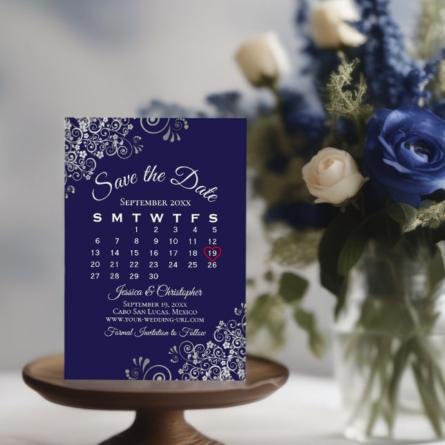 Reserve A Data Calendário de Casamento Simples Elegante Azul Silv (Criador carregado)