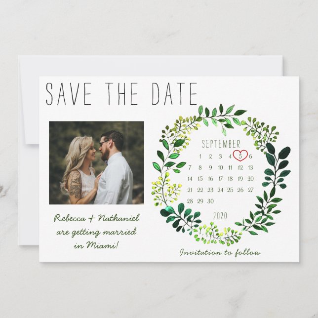 Reserve A Data Calendário de Coração de Casamento de Vegetação em (Frente)