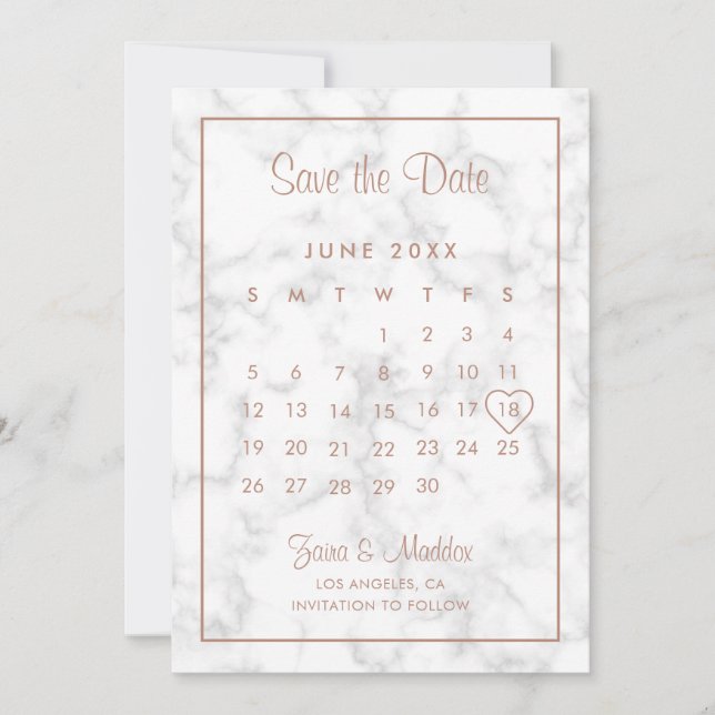 Reserve A Data Calendário de Mármore Moderno em Dourado Rosa Casa (Frente)