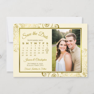 Reserve A Data Calendário Dourado e Creme elegante e casamento de