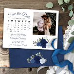 Reserve A Data Calendário e Foto de Casamento de Rosas de Água Az<br><div class="desc">Este belo casamento Salve o cartão de data apresenta um design de música bu rústico com letras de guião e um conjunto de rosas de aquarelas pintadas manualmente em tons de azul empoeirado, marinho e índigo. Há um calendário personalizável onde você pode colocar um coração em volta da data do...</div>