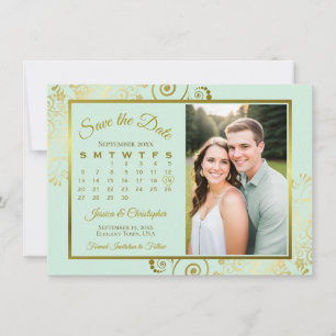 Reserve A Data Calendário Elegante em Verde Menta e Dourado Foto