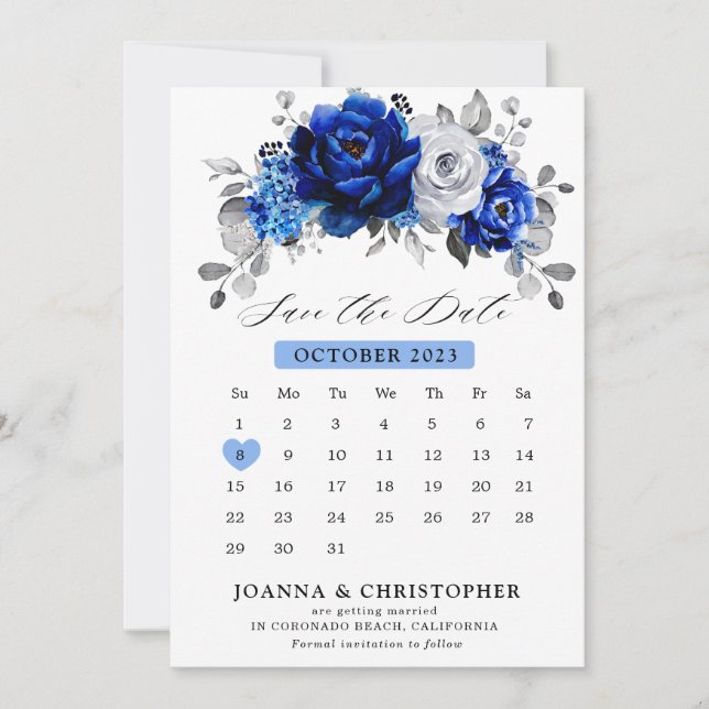 Reserve A Data Calendário floral azul royal branco prateado metál (Frente)