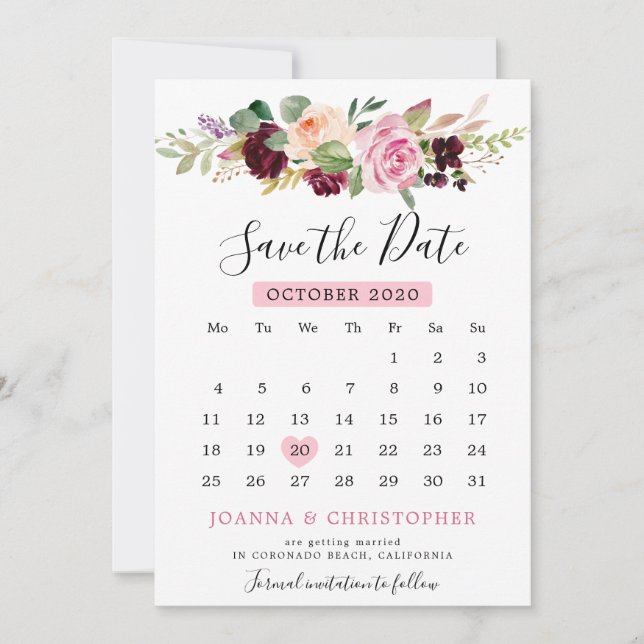 Reserve A Data Calendário Floral Botânico Rosa Bege Roxo Ameixa (Frente)