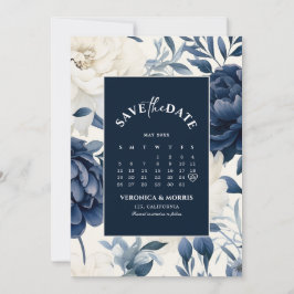 Reserve A Data Calendário floral branco e azul-marinho Dusty