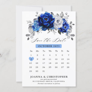 Reserve A Data Calendário floral metálico azul real branco pratea