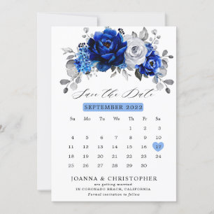 Reserve A Data Calendário floral metálico azul real branco pratea