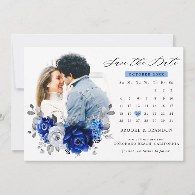 Reserve A Data Calendário Floral Metálico Real Azul Branco Pratea (Frente)