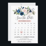 Reserve A Data Calendário Floral Rosa Bege Azul Marinho<br><div class="desc">Cartão de aviso de data de casamento elegante e moderno com geométrico romântico em aquarela floral apresenta um buquê de rosas azul-marinho, rosa bege, roxo, pêssego em aquarela com folhagens combinando. Perfeito para um casamento de outono/meio de verão. Por favor, encontre mais designs e variações correspondentes na minha loja "blissweddingpaperie"....</div>