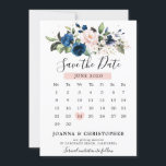 Reserve A Data Calendário Floral Rosa Bege Azul Marinho<br><div class="desc">Cartão de aviso de data de casamento elegante e moderno com elementos geométricos românticos em aquarela apresenta um buquê de rosas em azul marinho, rosa bege, roxo e pêssego em aquarela com folhagens combinando. Perfeito para um casamento de outono/meio de verão. Por favor, encontre mais designs e variações correspondentes na...</div>