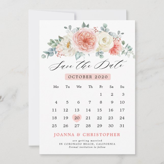 Reserve A Data Calendário Floral Rosa Pastel Pêssego de Solstício (Frente)