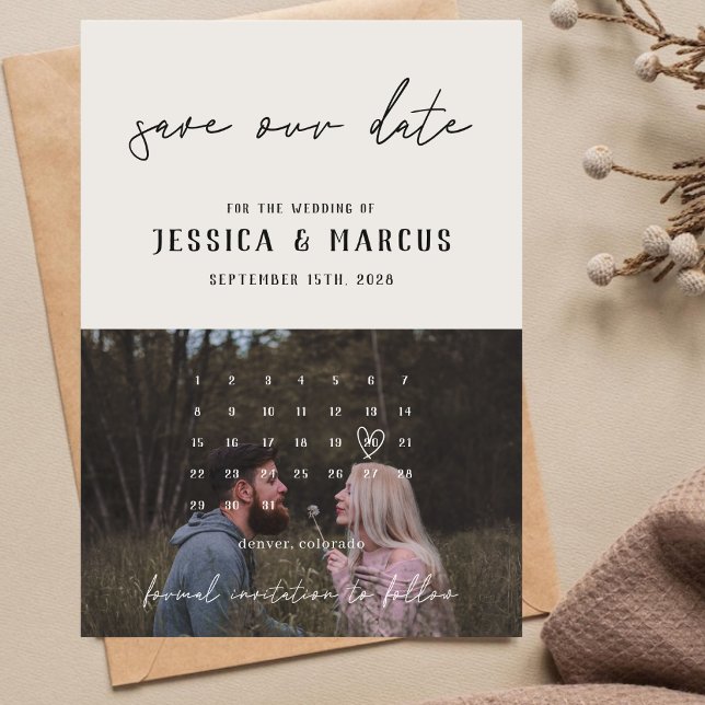 Reserve A Data Calendário Retro Limpo Simples | Foto Casamento  (Criador carregado)