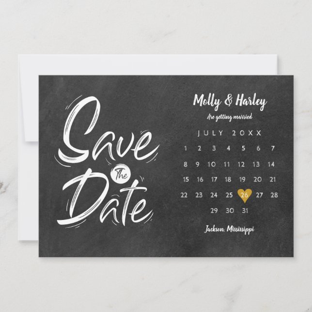 Reserve A Data Calendário Salve a Data Coração Dourado Lousa (Frente)