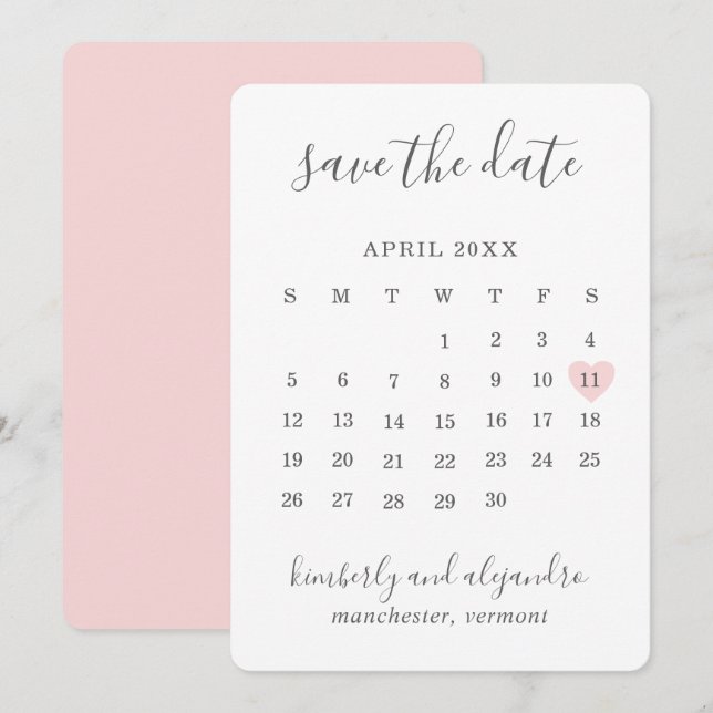 Reserve A Data Calendário Simples Coração Rosa Cute Casamento (Frente/Verso)