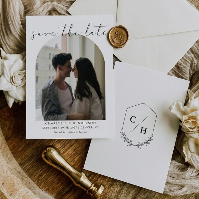 Reserve A Data Caligrafia Boho Arco Foto Monograma de Casamento (Criador carregado)