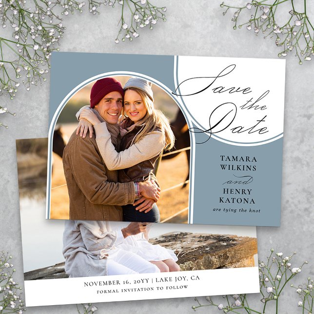 Reserve A Data Caligrafia de Casamento com Foto Archada Dusty Blu (Dusty Blue Photo Save the Date from my Wedding Colors Collection)