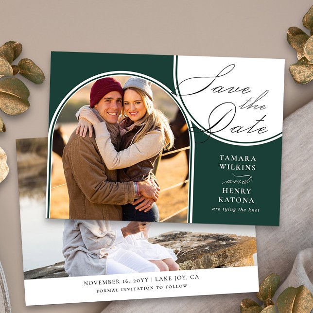 Reserve A Data Caligrafia de Casamento de Fotos Archadas Emerald  (Photo Save the Date wedding announcement in emerald green from my Wedding Colors collection)