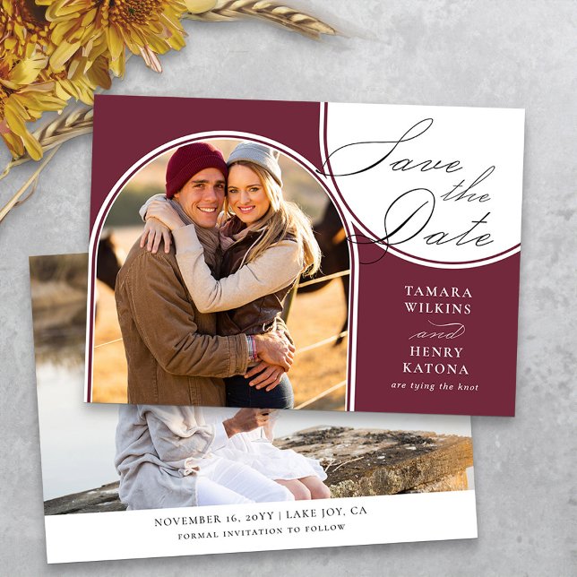 Reserve A Data Caligrafia de Casamento Fotográfico Archado Burgun (Photo save the date burgundy wedding announcement from my Wedding Colors collection)