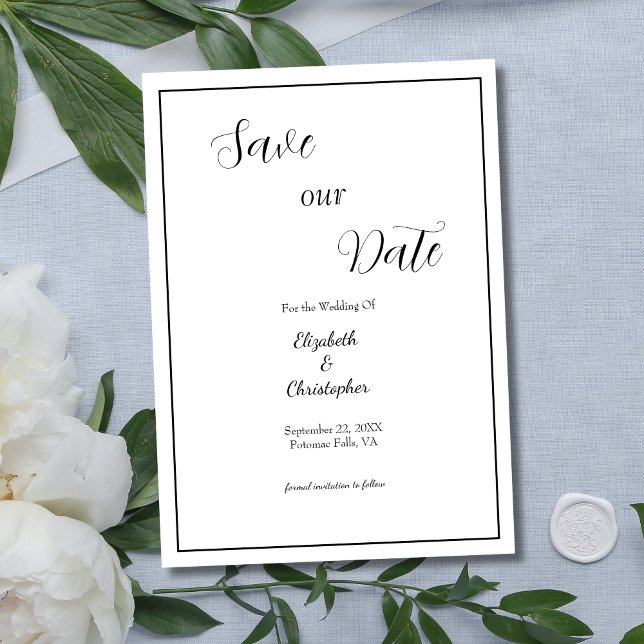 Reserve A Data Caligrafia de Letreiros Formal Tradicional Casamen (Black White Calligraphy Script Minimalist Modern Elegant  Wedding Save the Date Card)