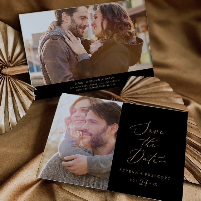 Reserve A Data Caligrafia Dourada Delicada | Foto preta (Criador carregado)