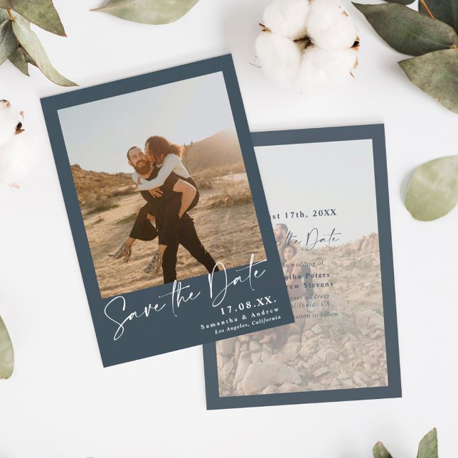 Reserve A Data Caligrafia elegante azul 2 fotos salvam a data (Criador carregado)