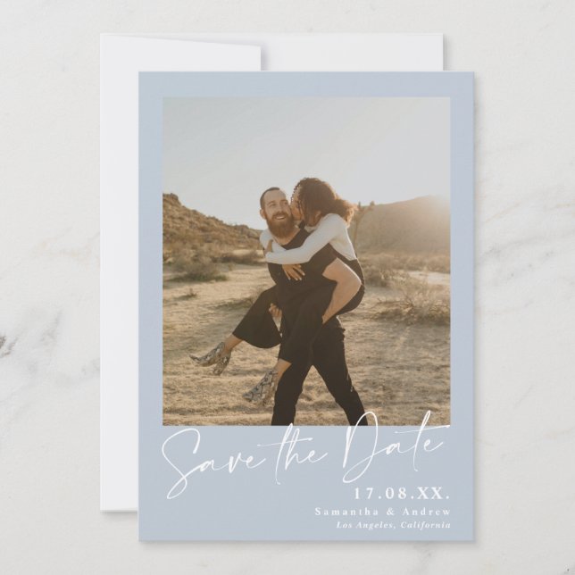 Reserve A Data Caligrafia elegante azul 2 fotos salvam a data (Frente)