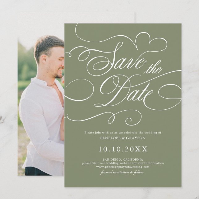 Reserve A Data Caligrafia moderna atemporal Casamento Verde Sábio (Frente/Verso)