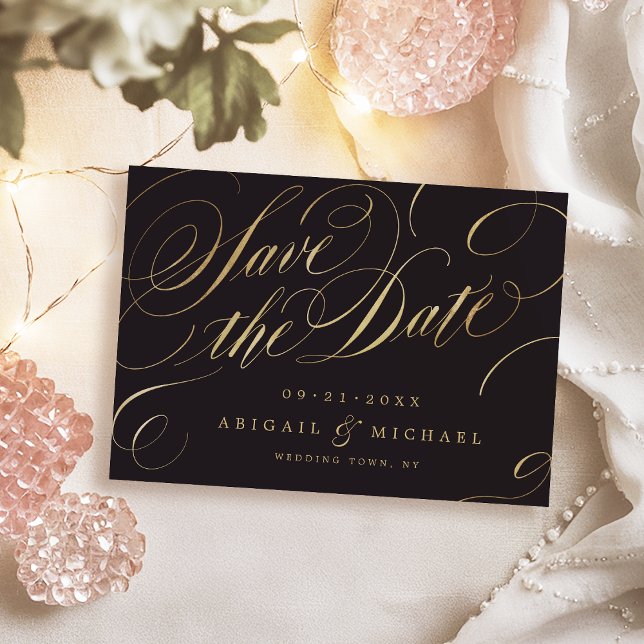 Reserve A Data Caligrafia negra e dourada salva a data (Black and gold vintage calligraphy save the date)