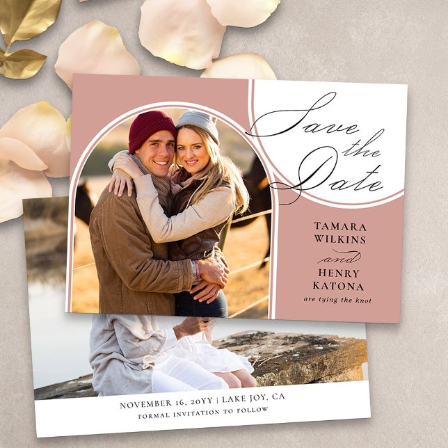Reserve A Data Caligrafia por Foto Archada rosa Dourada (Arch photo save the date wedding announcement in rose gold from my Wedding Colors collection)
