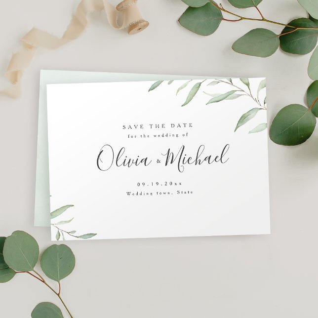 Reserve A Data Caligrafia simples de verde mínimo salvar a data (Minimal greenery simple calligraphy save the date)