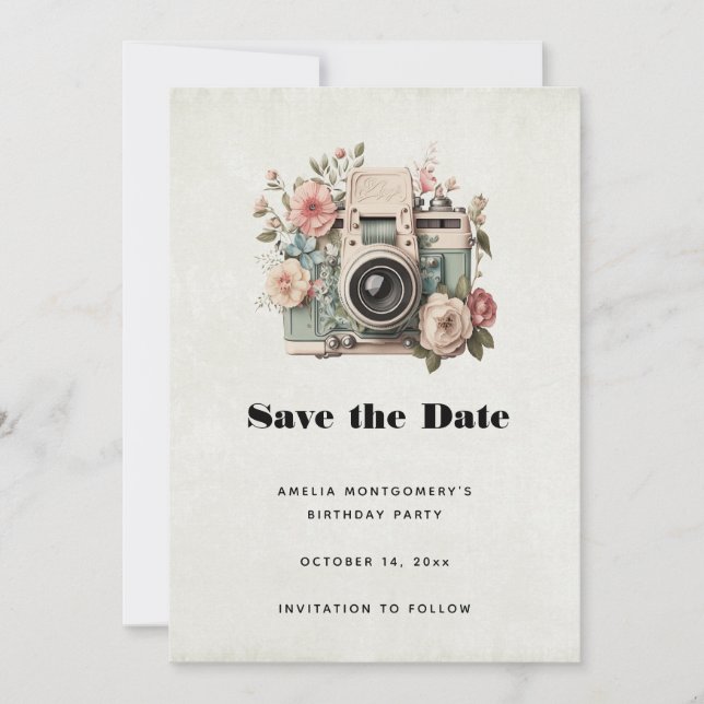 Reserve A Data Câmera com Imagem Pastel Retro de Flores (Frente)