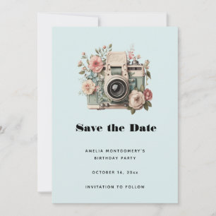 Reserve A Data Câmera com Imagem Retro Pastel de Flores