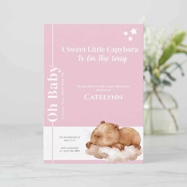 Reserve A Data Capybara Baby Shower Invitation • Oh Baby Pink (Em pé/Frente)