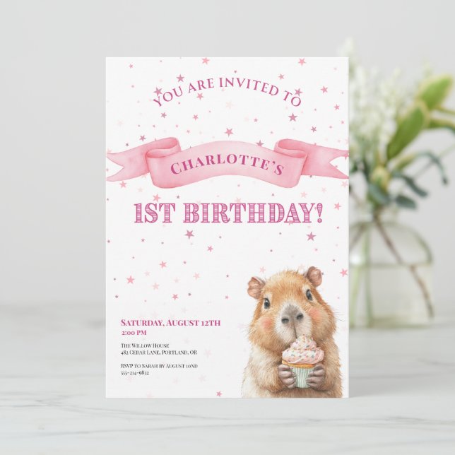 Reserve A Data Capybara Birthday Invitation • Cute First Birthday (Em pé/Frente)