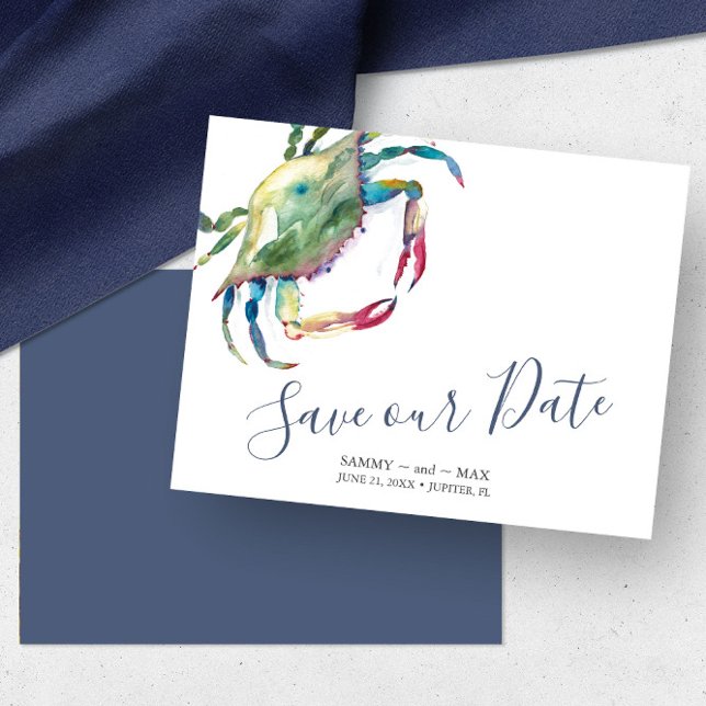 Reserve A Data Caranguejo de Aquarelas do Mar Guarde a Data (Beach wedding save the date card features watercolor blue crab art by Victoria Grigaliunas)