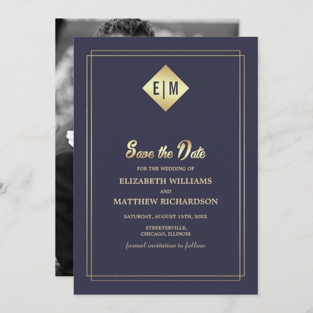 Reserve a Data. Cartão com fotos marinho Azul Dour (Frente/Verso)