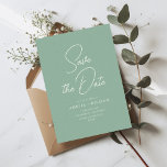Reserve A Data cartaz tipográfico branco casamento sage<br><div class="desc">design verde de tipografia branca com letra na moda moderna. Nosso belo casamento personalizado salve os cartões de data...  uma design que complementa qualquer tema de casamento. A frente da placa apresenta um texto personalizado junto com uma bela imagem.</div>