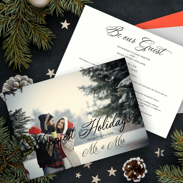 Reserve A Data Casal de Natal do Sr. e Sra. Happiest (Modern Mr & Mrs Happiest Holidays Christmas Couple Wedding Save the Date.)