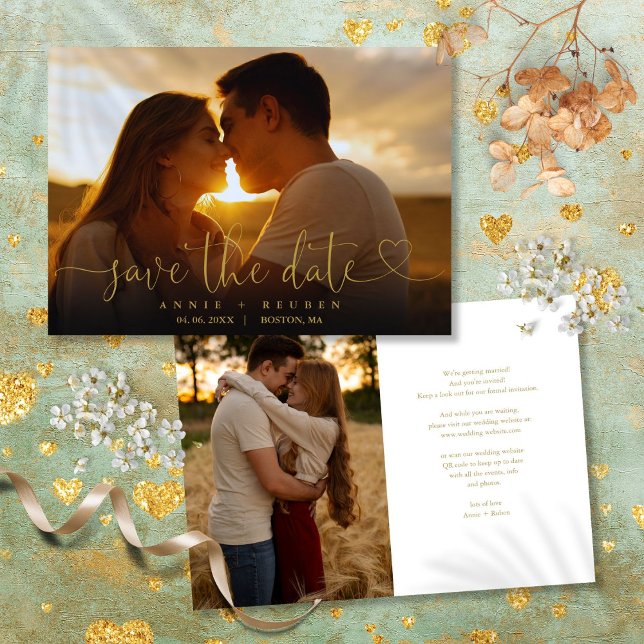 Reserve A Data Casal Moderno em Dourado Script Foto Casamento (Modern Gold Heart Script Photo Wedding Save The Date)
