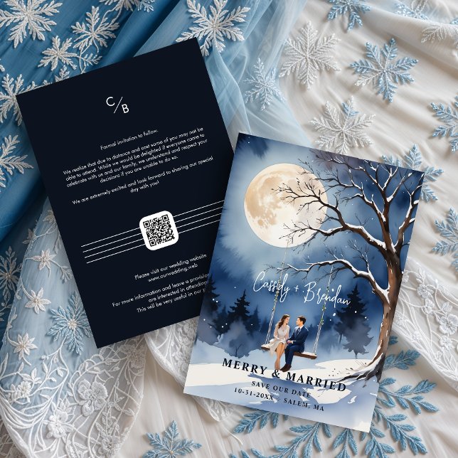 Reserve A Data Casal Romântico Sob Árvore Nu Na Noite (Romantic Couple Under Bare Tree In Snowy Night With Full Moon Save the Dates Cards )