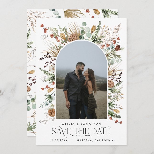 Reserve A Data Casamento 1 foto-arco aquarela floral botânico (Frente/Verso)