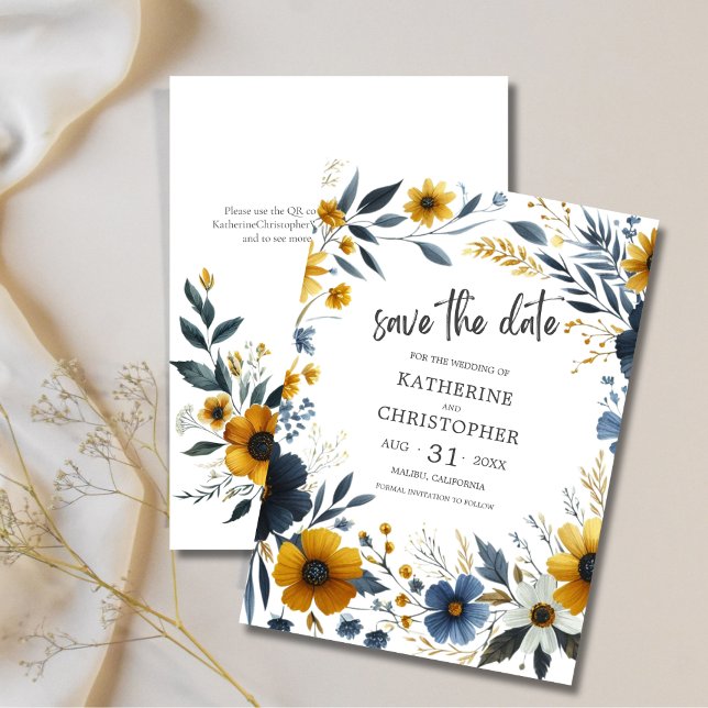 Reserve A Data Casamento Amarelo Azul Elegante (Blue Yellow Wildflowers Save the Date with QR Code for wedding website.)