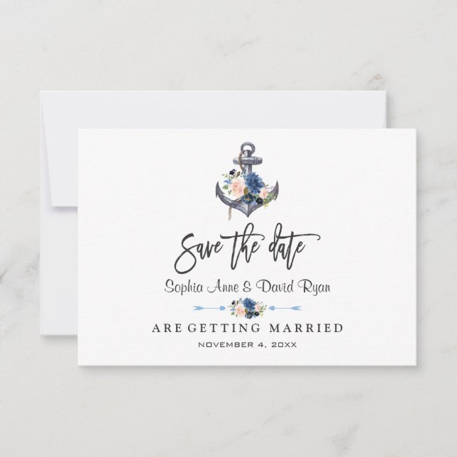 Reserve A Data Casamento Âncora Floral Rosa Náutico (Frente)