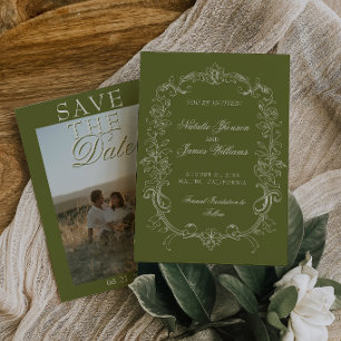 Reserve A Data Casamento Antigo Dinheiro Foto Verde Oliva Vintage