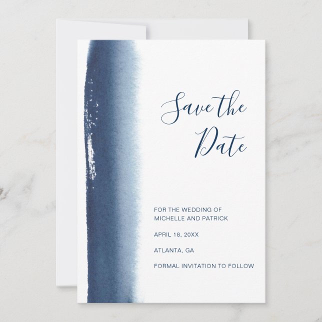 Reserve A Data Casamento Aquarela Azul Marinho Moderno (Frente)
