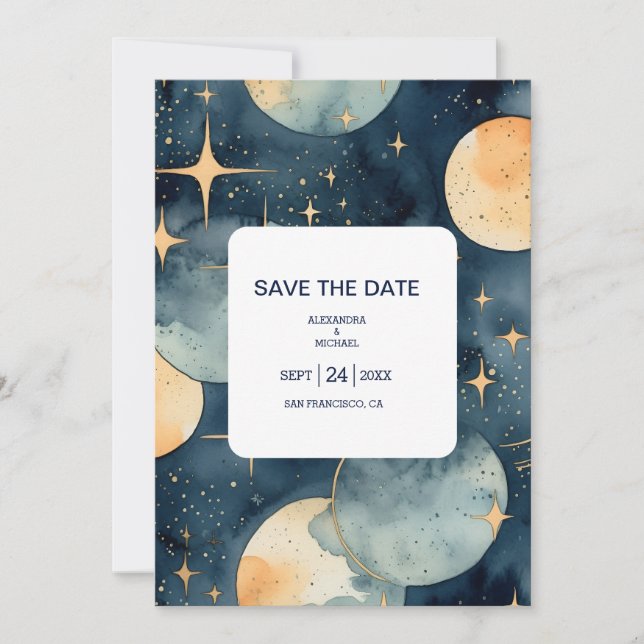 Reserve A Data Casamento Aquarela Azul Mystic Midnight e Dourado (Frente)
