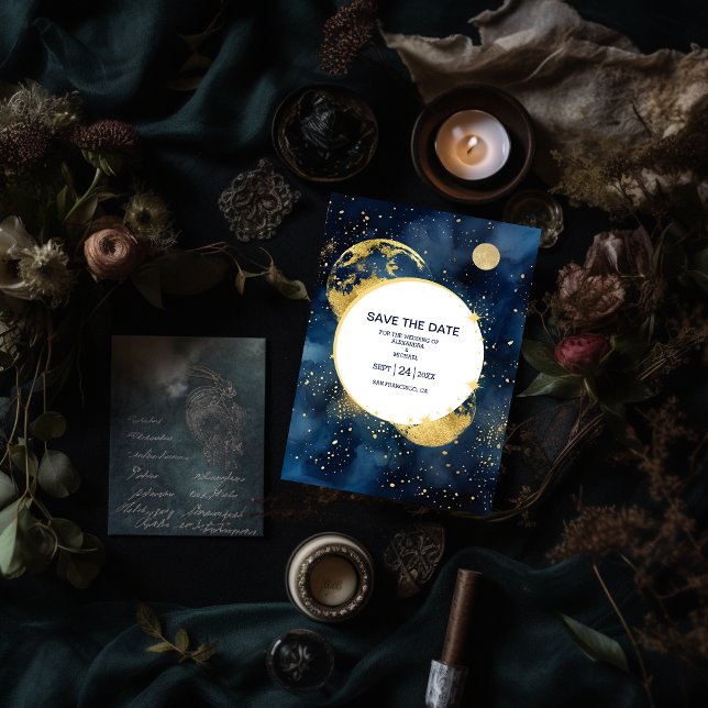 Reserve A Data Casamento Aquarela Azul Mystic Midnight e Dourado (Criador carregado)
